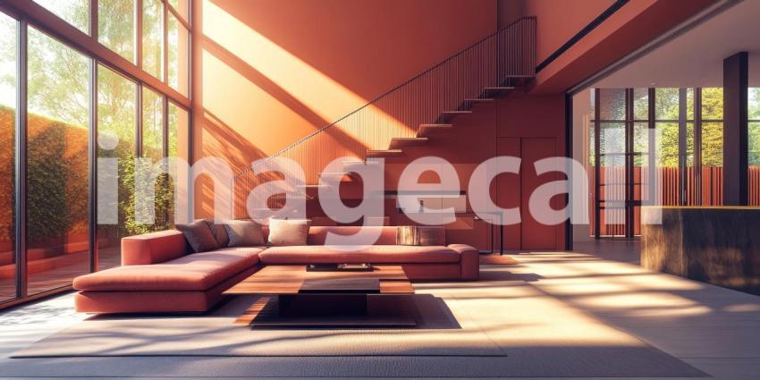 Sunlight and Terracotta: A modern living space bathed in warm sunlight, where terracotta walls and plush furnishings create a cozy and inviting atmosphere.