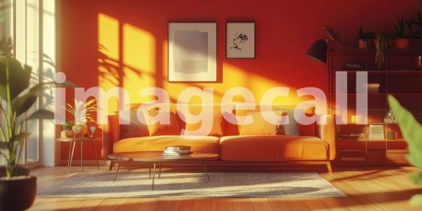 Warmth and Vibrancy: A sun-drenched living room, bathed in a warm orange glow, invites relaxation and a sense of cheerful energy.
