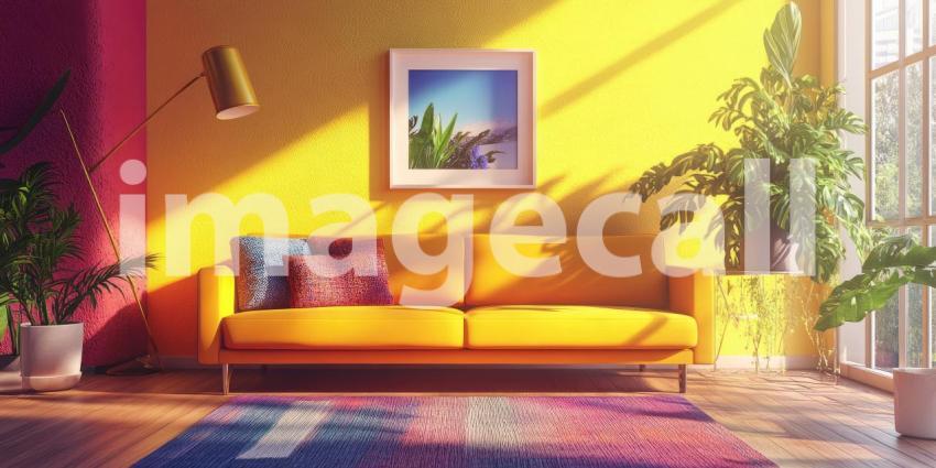 Warmth and Vibrancy: A sun-drenched living room, bathed in a warm orange glow, invites relaxation and a sense of cheerful energy.