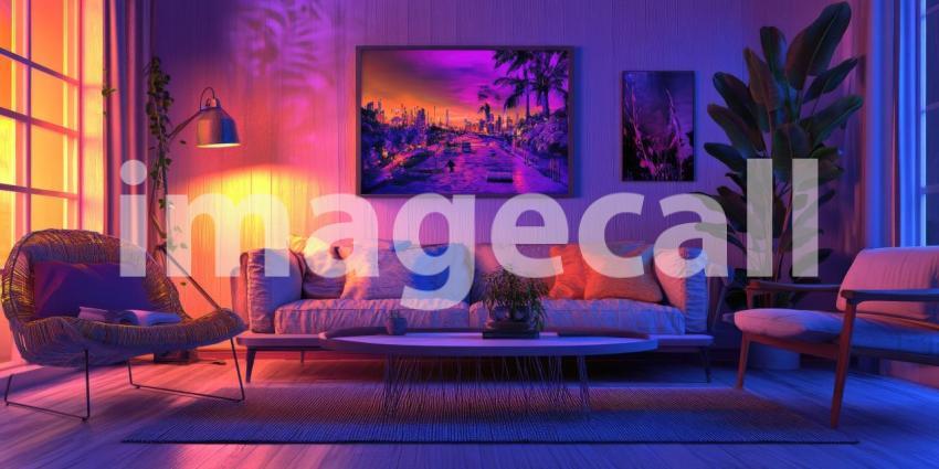 Warmth and Vibrancy: A sun-drenched living room, bathed in a warm orange glow, invites relaxation and a sense of cheerful energy.