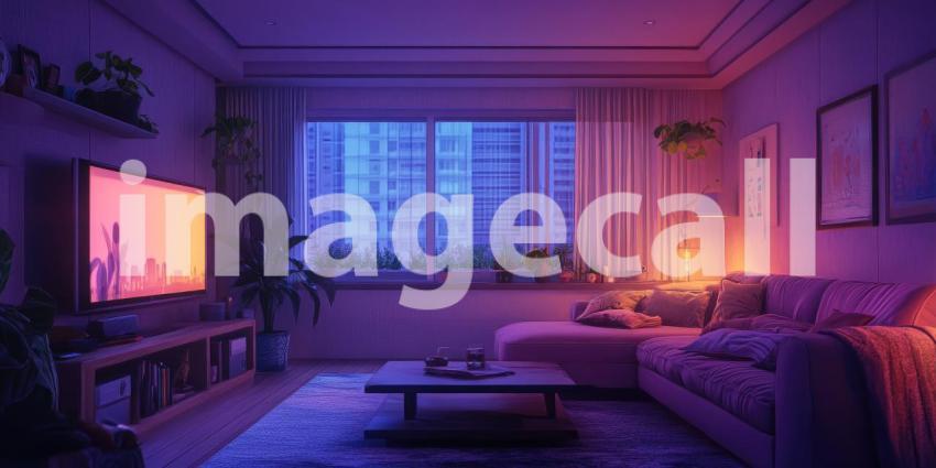 Warmth and Vibrancy: A sun-drenched living room, bathed in a warm orange glow, invites relaxation and a sense of cheerful energy.