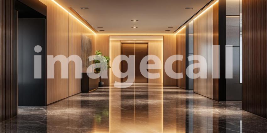 A Pathway of Elegance: A modern hallway, bathed in warm light, invites exploration with its sleek design, luxurious textures, and lush greenery.
