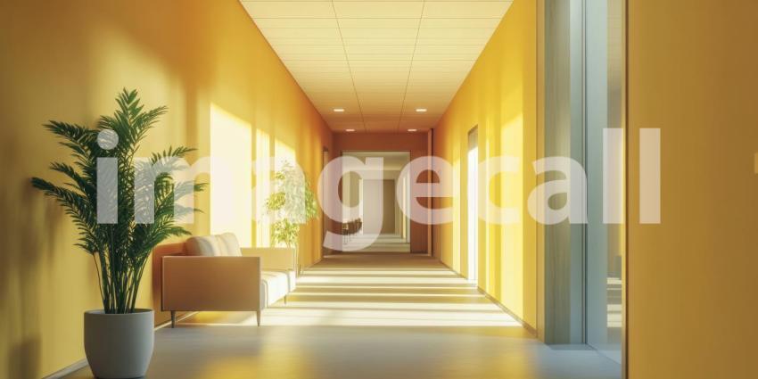 A Pathway of Elegance: A modern hallway, bathed in warm light, invites exploration with its sleek design, luxurious textures, and lush greenery.