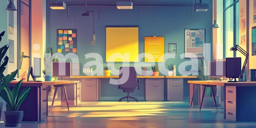 Daybreak at the Office: Sunlight streams through large windows, illuminating a modern workspace ready for the day's challenges, with cityscapes providing a vibrant backdrop.