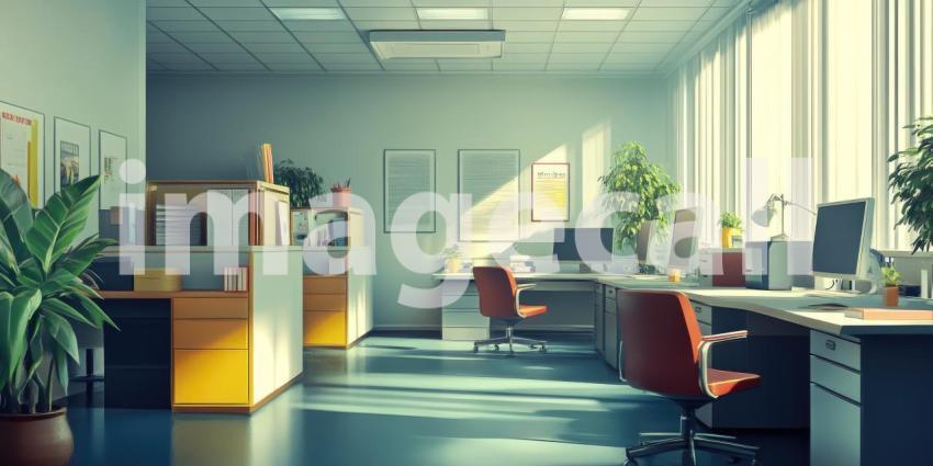Daybreak at the Office: Sunlight streams through large windows, illuminating a modern workspace ready for the day's challenges, with cityscapes providing a vibrant backdrop.