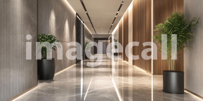 A Pathway of Elegance: A modern hallway, bathed in warm light, invites exploration with its sleek design, luxurious textures, and lush greenery.