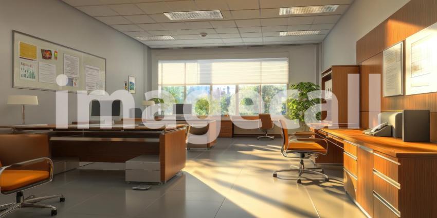 Daybreak at the Office: Sunlight streams through large windows, illuminating a modern workspace ready for the day's challenges, with cityscapes providing a vibrant backdrop.
