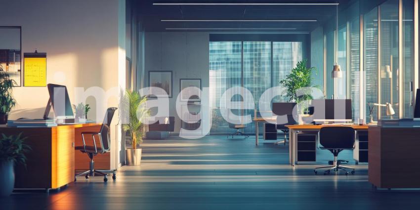 Daybreak at the Office: Sunlight streams through large windows, illuminating a modern workspace ready for the day's challenges, with cityscapes providing a vibrant backdrop.