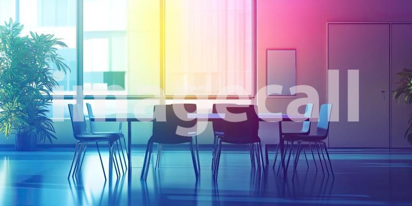 Meeting in the Spectrum: A modern meeting room bathed in a vibrant spectrum of color, inviting collaboration and creativity.