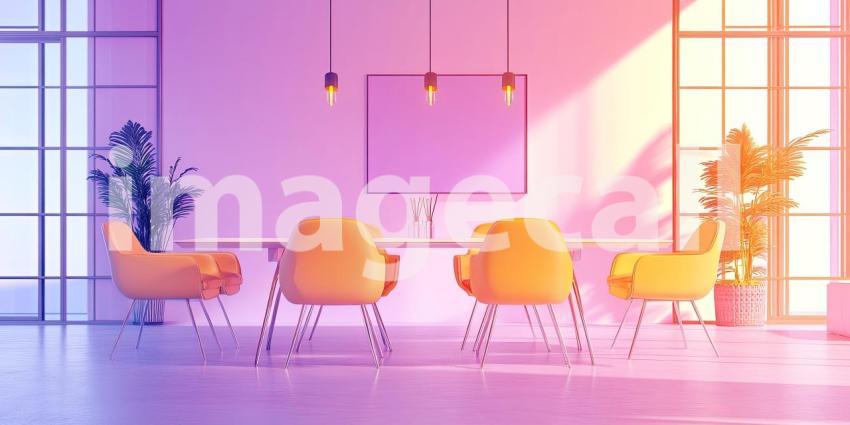 Meeting in the Spectrum: A modern meeting room bathed in a vibrant spectrum of color, inviting collaboration and creativity.