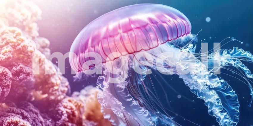 A Phantom of the Deep: A luminous jellyfish, bathed in sunlight, drifts through the ocean depths, its translucent bell and delicate tentacles creating an ethereal spectacle.