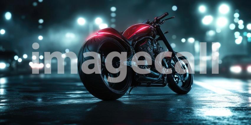 Chrome Dreams: A custom-built motorcycle gleams under a neon glow, a symbol of power, rebellion, and the open road.