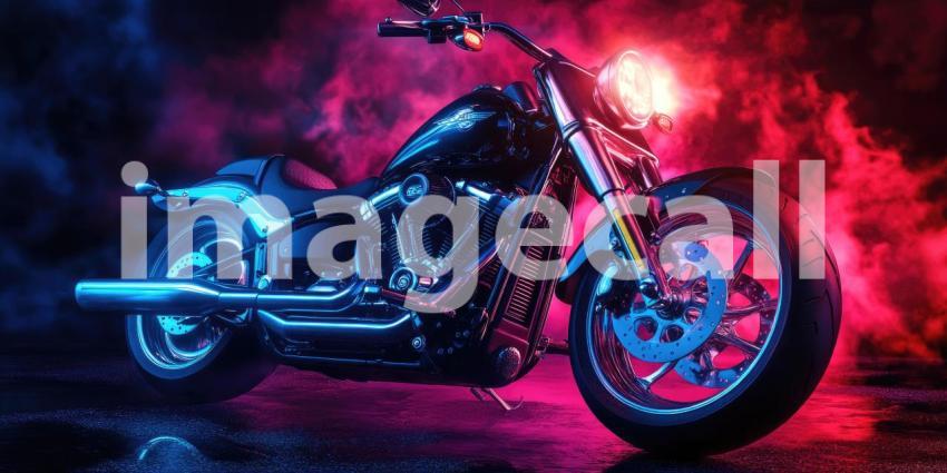 Chrome Dreams: A custom-built motorcycle gleams under a neon glow, a symbol of power, rebellion, and the open road.
