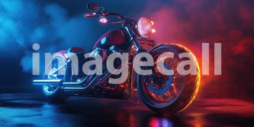 Chrome Dreams: A custom-built motorcycle gleams under a neon glow, a symbol of power, rebellion, and the open road.