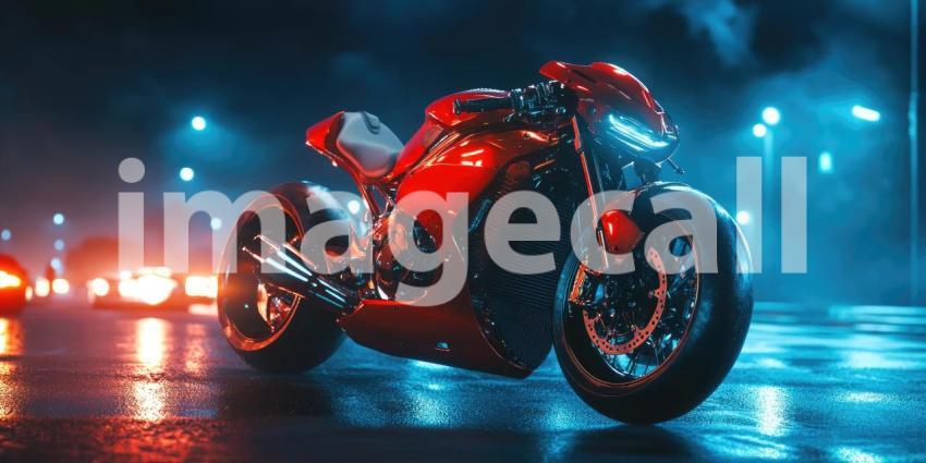 Chrome Dreams: A custom-built motorcycle gleams under a neon glow, a symbol of power, rebellion, and the open road.