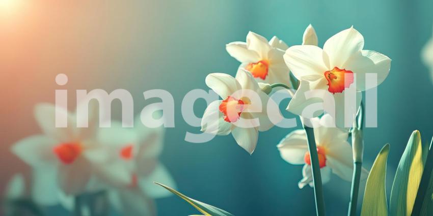 Nocturnal Bloom: Delicate daffodils, illuminated by a string of distant lights, stand tall amidst a tranquil pond, their reflections shimmering on the water's surface.