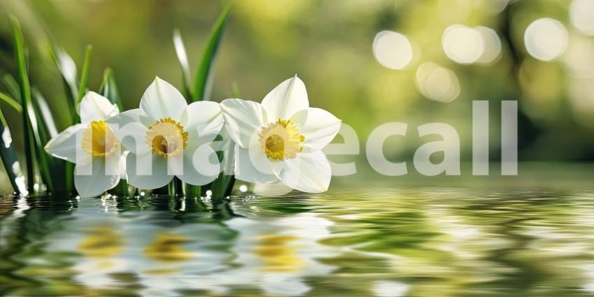 Nocturnal Bloom: Delicate daffodils, illuminated by a string of distant lights, stand tall amidst a tranquil pond, their reflections shimmering on the water's surface.