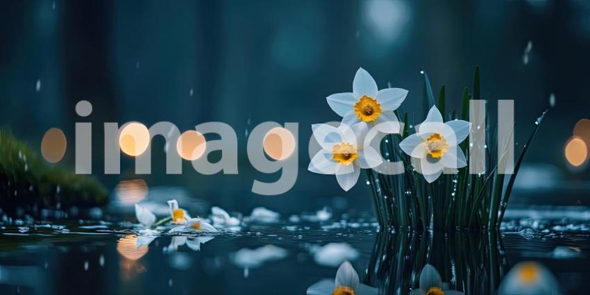 Nocturnal Bloom: Delicate daffodils, illuminated by a string of distant lights, stand tall amidst a tranquil pond, their reflections shimmering on the water's surface.