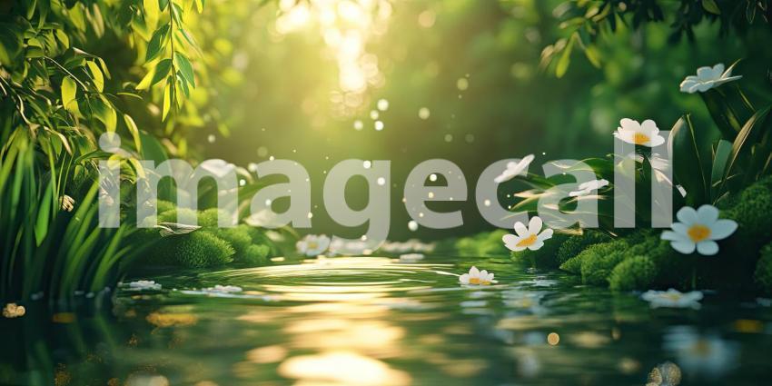 A Verdant Awakening: Raindrops dance on the surface of a tranquil stream, awakening a lush landscape to a new day, where life thrives amidst the vibrant green hues.