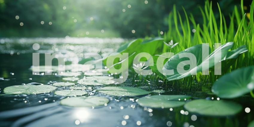 A Verdant Awakening: Raindrops dance on the surface of a tranquil stream, awakening a lush landscape to a new day, where life thrives amidst the vibrant green hues.