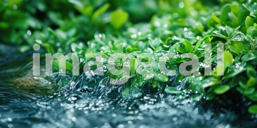 A Verdant Awakening: Raindrops dance on the surface of a tranquil stream, awakening a lush landscape to a new day, where life thrives amidst the vibrant green hues.