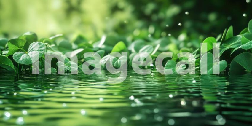 A Verdant Awakening: Raindrops dance on the surface of a tranquil stream, awakening a lush landscape to a new day, where life thrives amidst the vibrant green hues.