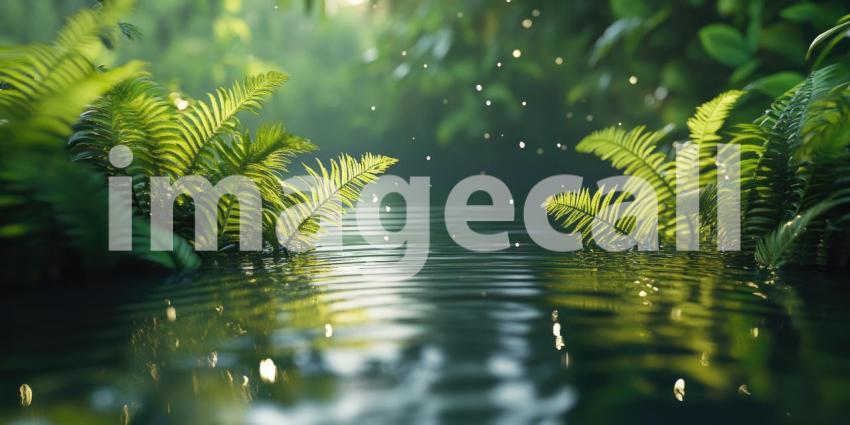 A Verdant Awakening: Raindrops dance on the surface of a tranquil stream, awakening a lush landscape to a new day, where life thrives amidst the vibrant green hues.