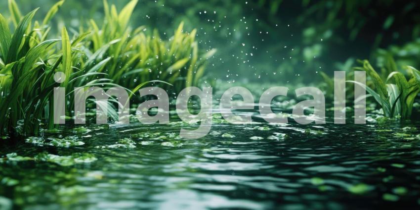 A Verdant Awakening: Raindrops dance on the surface of a tranquil stream, awakening a lush landscape to a new day, where life thrives amidst the vibrant green hues.