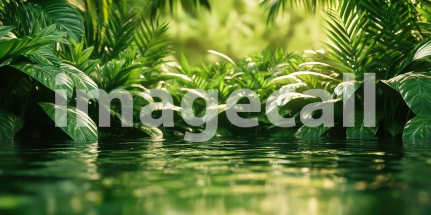 A Verdant Awakening: Raindrops dance on the surface of a tranquil stream, awakening a lush landscape to a new day, where life thrives amidst the vibrant green hues.