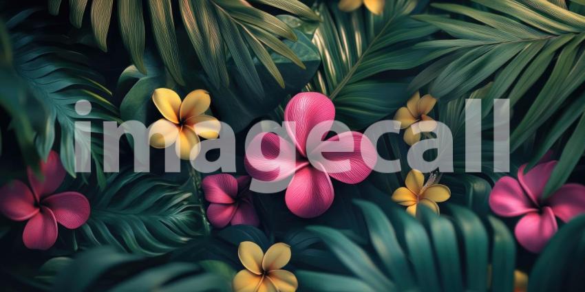 Tropical Tapestry: A vibrant collage of lush foliage and exotic blooms, where vibrant colors and intricate textures create a captivating visual feast.