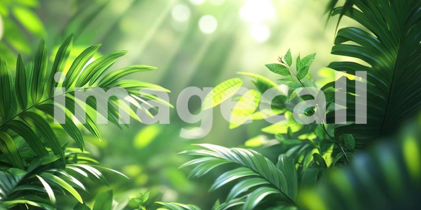 Sunlight Through the Leaves: A sunbeam filters through a vibrant canopy of green leaves, illuminating a hidden world of life and casting dappled shadows on the forest floor.