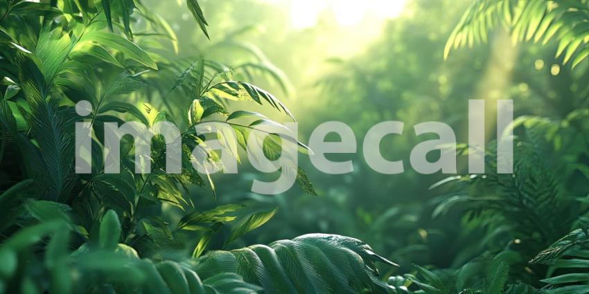 Sunlight Through the Jungle: A beam of sunlight pierces the dense foliage of a tropical jungle, illuminating a vibrant tapestry of green leaves and casting dappled shadows on the forest floor.