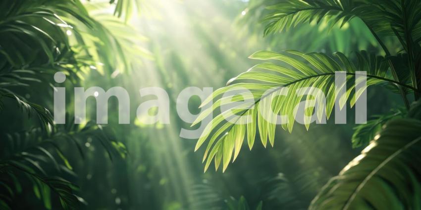 Sunlight Through the Jungle: A beam of sunlight pierces the dense foliage of a tropical jungle, illuminating a vibrant tapestry of green leaves and casting dappled shadows on the forest floor.