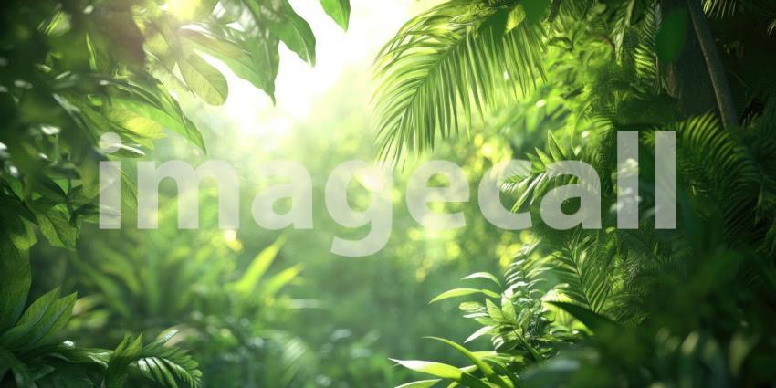 Sunlight Through the Jungle: A beam of sunlight pierces the dense foliage of a tropical jungle, illuminating a vibrant tapestry of green leaves and casting dappled shadows on the forest floor.