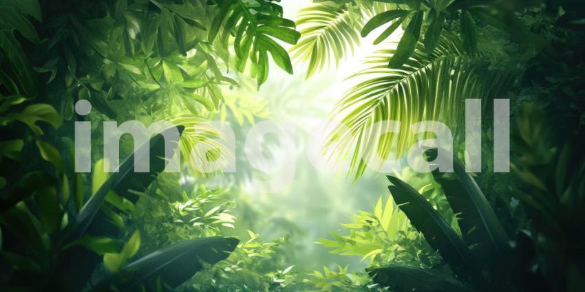 Sunlight Through the Jungle: A beam of sunlight pierces the dense foliage of a tropical jungle, illuminating a vibrant tapestry of green leaves and casting dappled shadows on the forest floor.