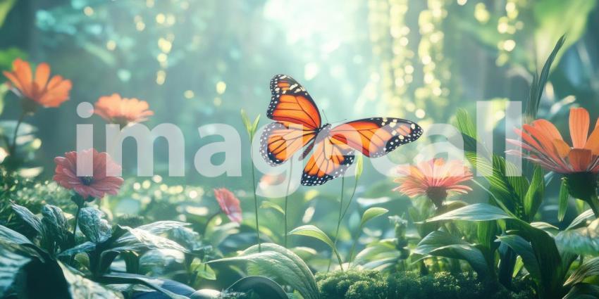 Flight of Fancy: A vibrant monarch butterfly flutters amongst a bed of colorful blooms, its wings catching the sunlight as it embarks on a journey through a sun-dappled garden.