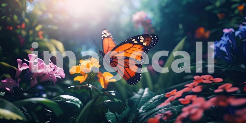 Flight of Fancy: A vibrant monarch butterfly flutters amongst a bed of colorful blooms, its wings catching the sunlight as it embarks on a journey through a sun-dappled garden.