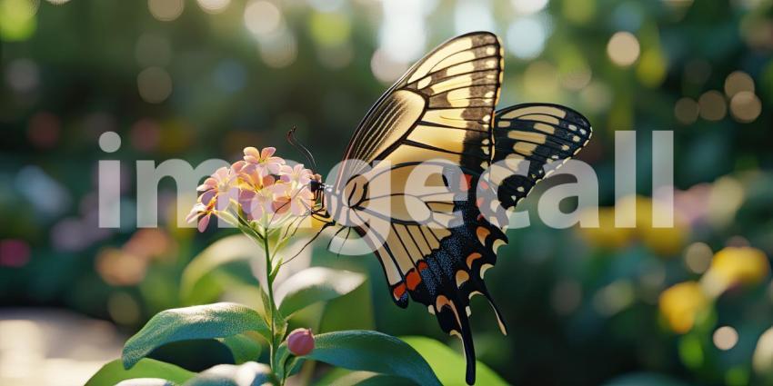 Flight of Fancy: A vibrant monarch butterfly flutters amongst a bed of colorful blooms, its wings catching the sunlight as it embarks on a journey through a sun-dappled garden.