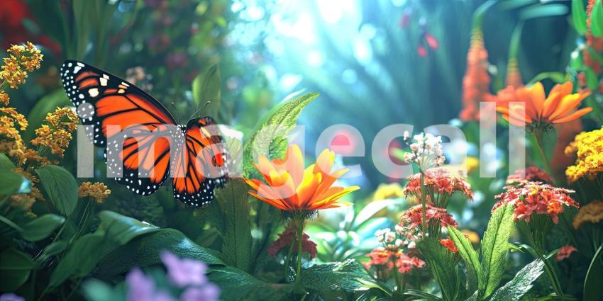 Flight of Fancy: A vibrant monarch butterfly flutters amongst a bed of colorful blooms, its wings catching the sunlight as it embarks on a journey through a sun-dappled garden.