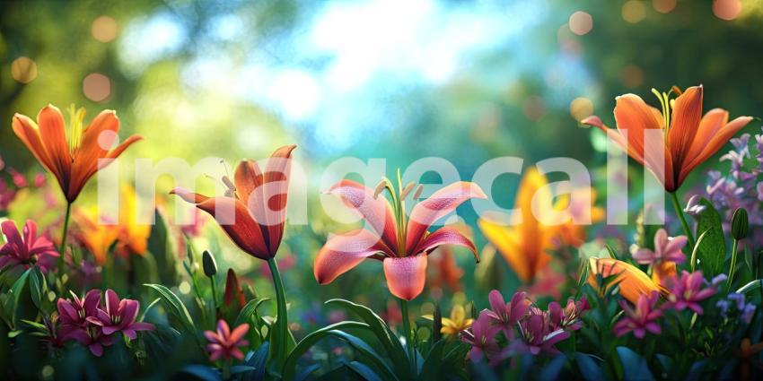 A Tapestry of Blooms: A vibrant field of flowers basks in the warm sunlight, where lilies of various hues stand tall, creating a breathtaking natural spectacle.