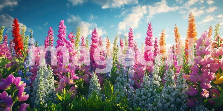 A Tapestry of Blooms: A vibrant field of flowers basks in the warm sunlight, where lilies of various hues stand tall, creating a breathtaking natural spectacle.