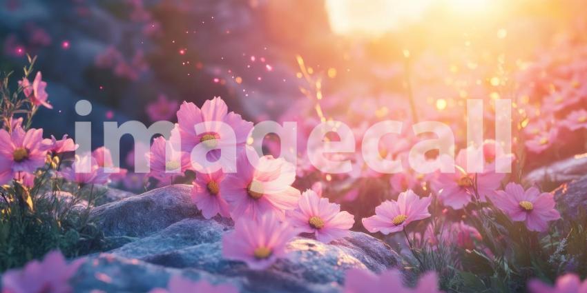 A Field of Dreams: Delicate pink cosmos sway gently in the warm sunlight, their petals catching the light like tiny jewels, creating a scene of enchanting beauty.
