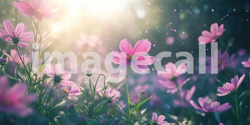 A Field of Dreams: Delicate pink cosmos sway gently in the warm sunlight, their petals catching the light like tiny jewels, creating a scene of enchanting beauty.