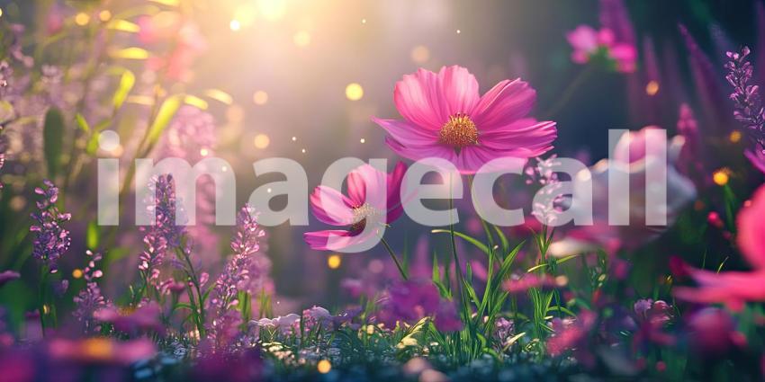 A Field of Dreams: Delicate pink cosmos sway gently in the warm sunlight, their petals catching the light like tiny jewels, creating a scene of enchanting beauty.