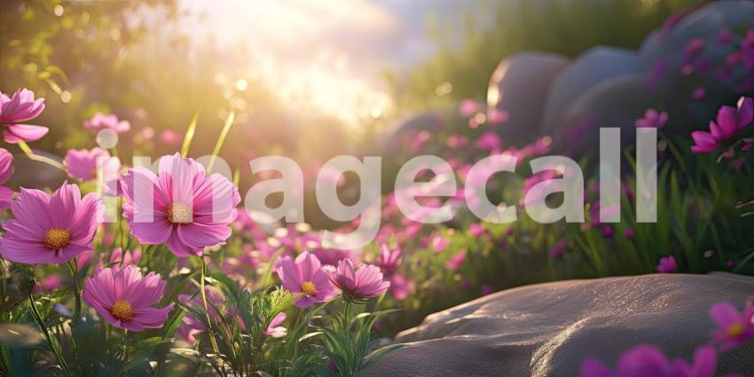 A Field of Dreams: Delicate pink cosmos sway gently in the warm sunlight, their petals catching the light like tiny jewels, creating a scene of enchanting beauty.