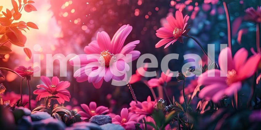 A Field of Dreams: Delicate pink cosmos sway gently in the warm sunlight, their petals catching the light like tiny jewels, creating a scene of enchanting beauty.