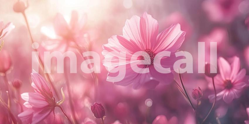A Field of Dreams: Delicate pink cosmos sway gently in the warm sunlight, their petals catching the light like tiny jewels, creating a scene of enchanting beauty.