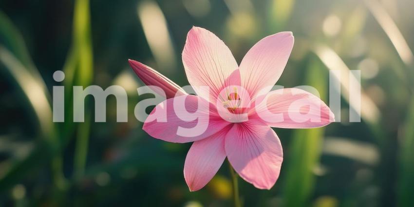 A Field of Dreams: Delicate pink cosmos sway gently in the warm sunlight, their petals catching the light like tiny jewels, creating a scene of enchanting beauty.