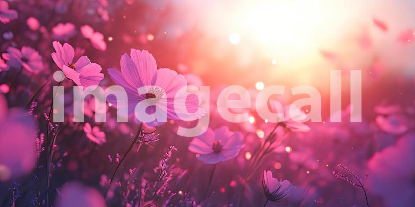 A Field of Dreams: Delicate pink cosmos sway gently in the warm sunlight, their petals catching the light like tiny jewels, creating a scene of enchanting beauty.