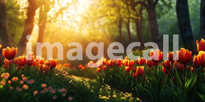 A Field of Dreams: A vibrant field of tulips, bathed in the warm glow of the setting sun, creates a breathtaking spectacle of color and natural beauty.
